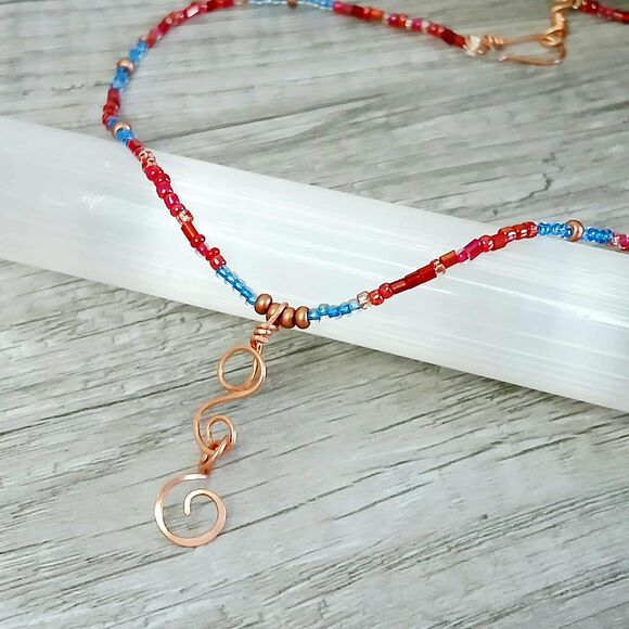 Minimalist Beaded Choker Necklace, Hammered Copper, Handmade Artisan 14.5" - Picture 5 of 5